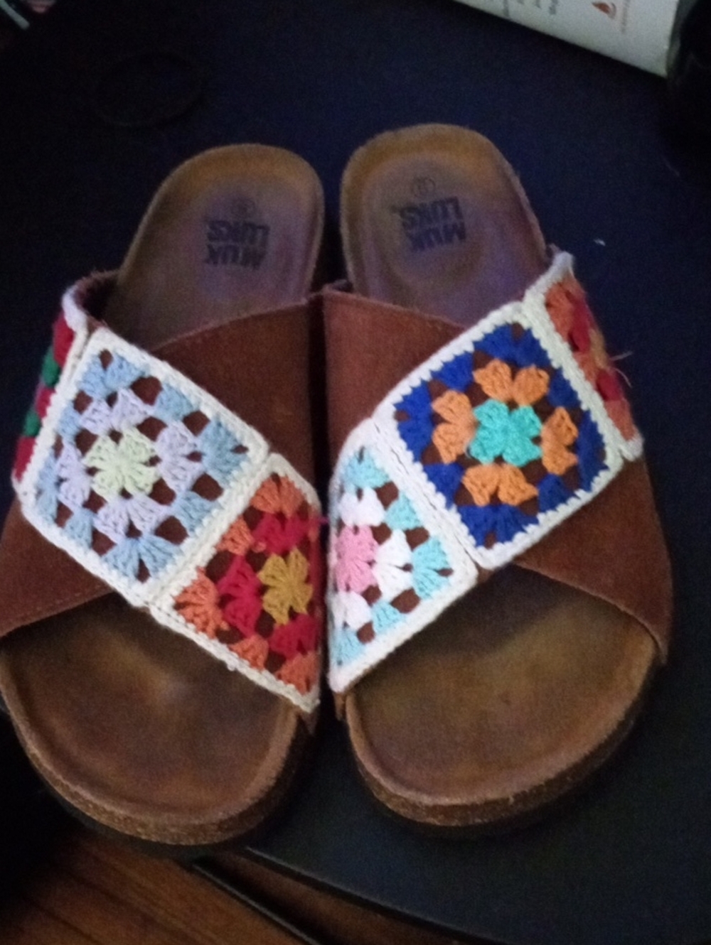 Muk Luks Brown Slip-On Sandals with Multicolor Crochet Straps Granny Squares 9